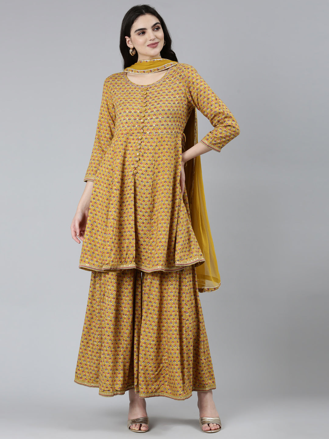 Neerus Yellow printed floral kurta set with sharara - detail view 2