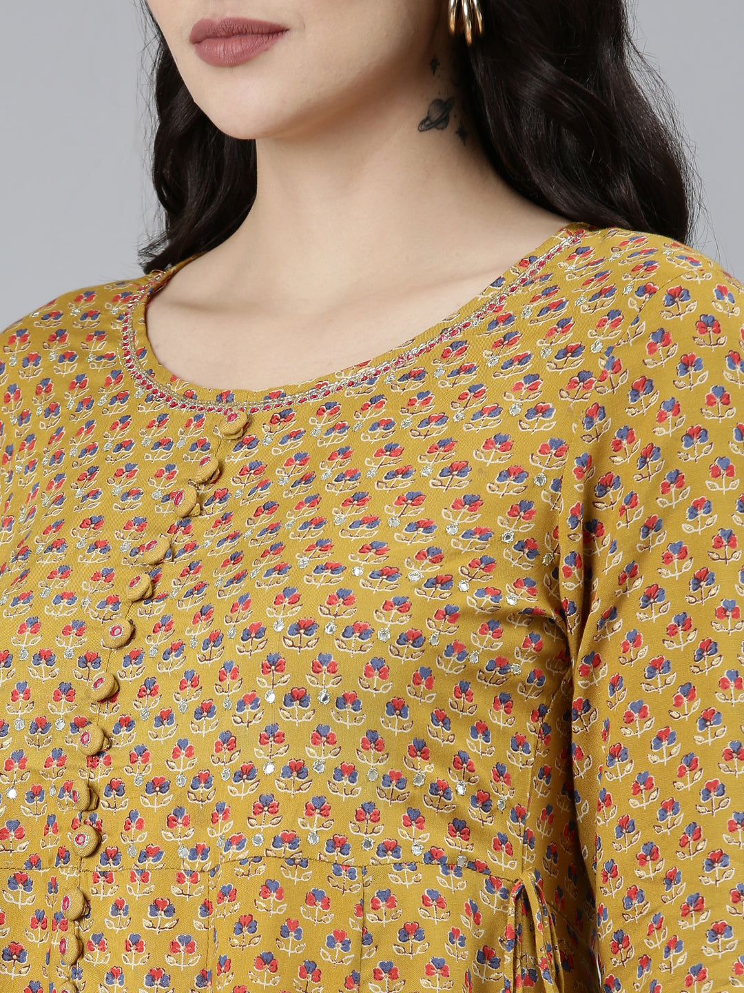 Neerus Yellow printed floral kurta set with sharara - detail view 1
