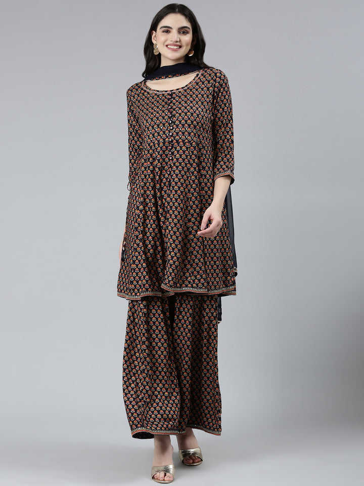 Neerus Blue floral printed kurta set with sharara and dupatta - front view
