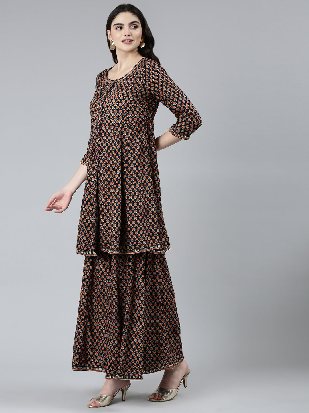 Neerus Blue floral printed kurta set with sharara and dupatta - back view