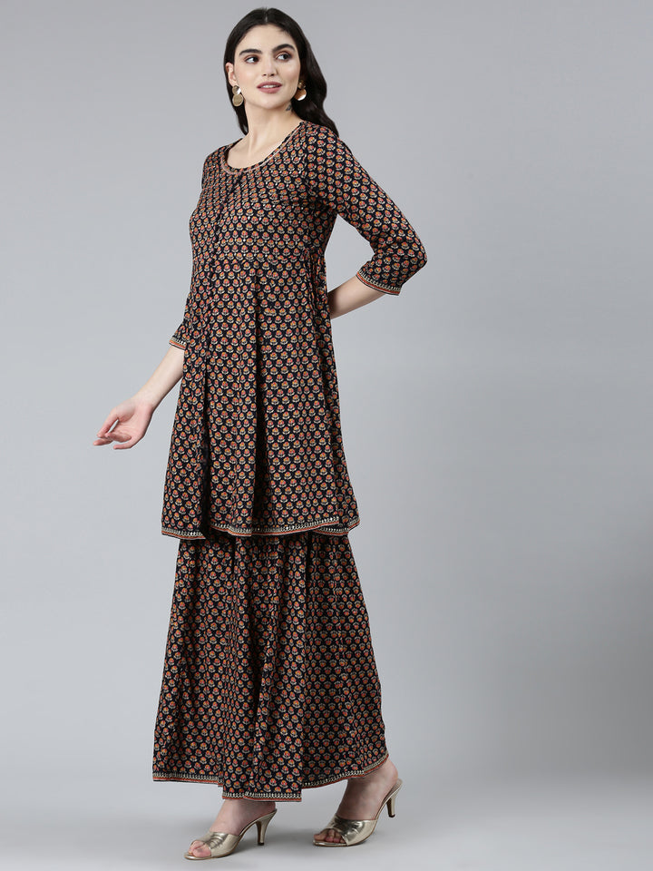 Neerus Blue floral printed kurta set with sharara and dupatta - back view