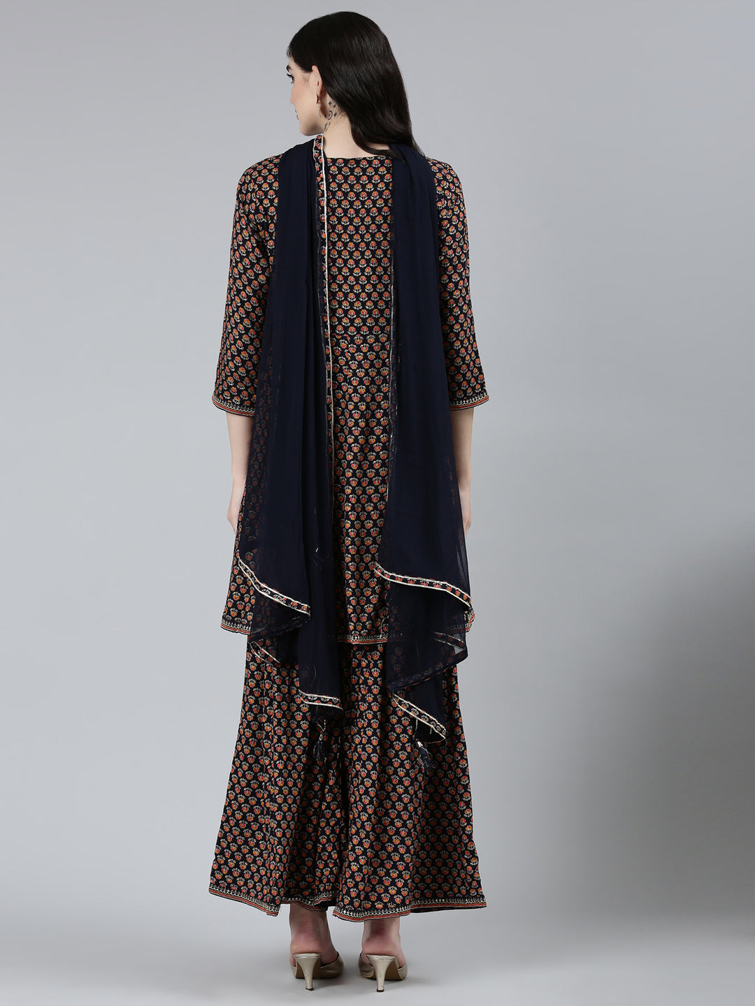 Neerus Blue floral printed kurta set with sharara and dupatta - side view