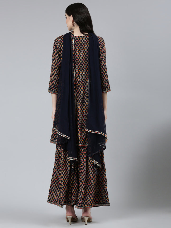 Neerus Blue floral printed kurta set with sharara and dupatta - side view