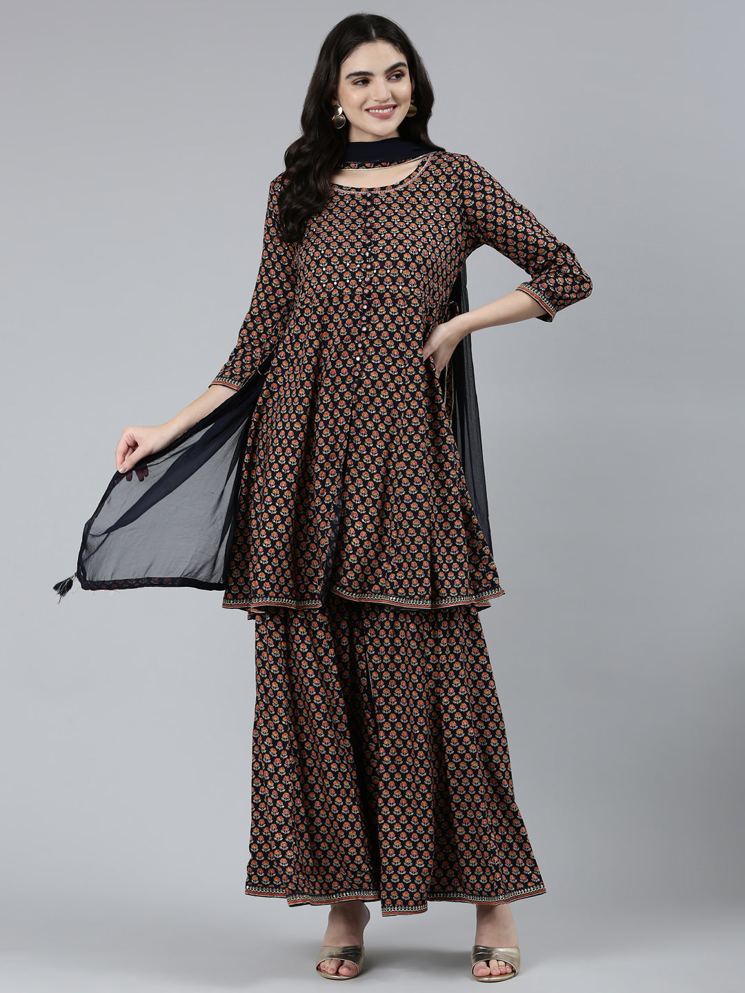 Neerus Blue floral printed kurta set with sharara and dupatta - detail view 2