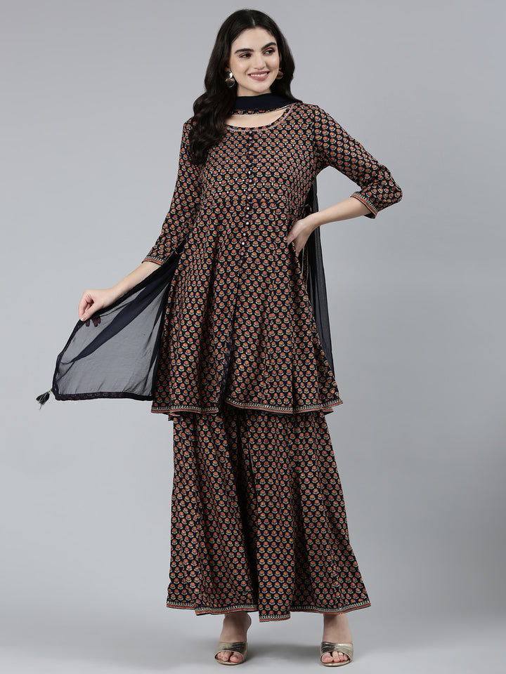 Neerus Blue floral printed kurta set with sharara and dupatta - detail view 2