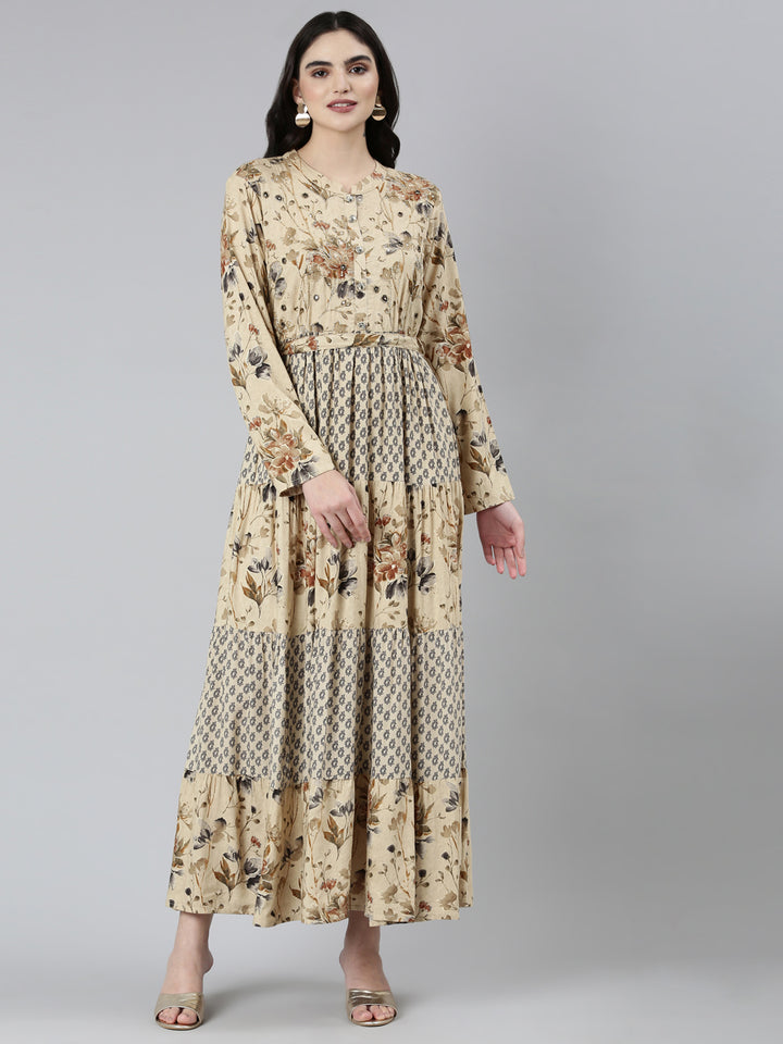 Neerus Beige Straight Casual Floral Dresses