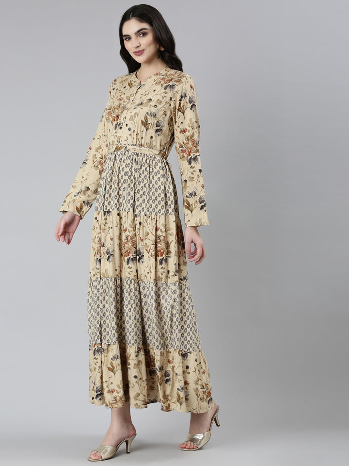 Neerus Beige Straight Casual Floral Dresses