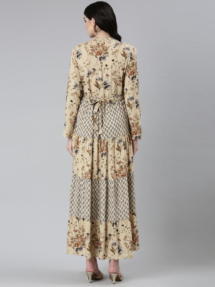 Neerus Beige Straight Casual Floral Dresses