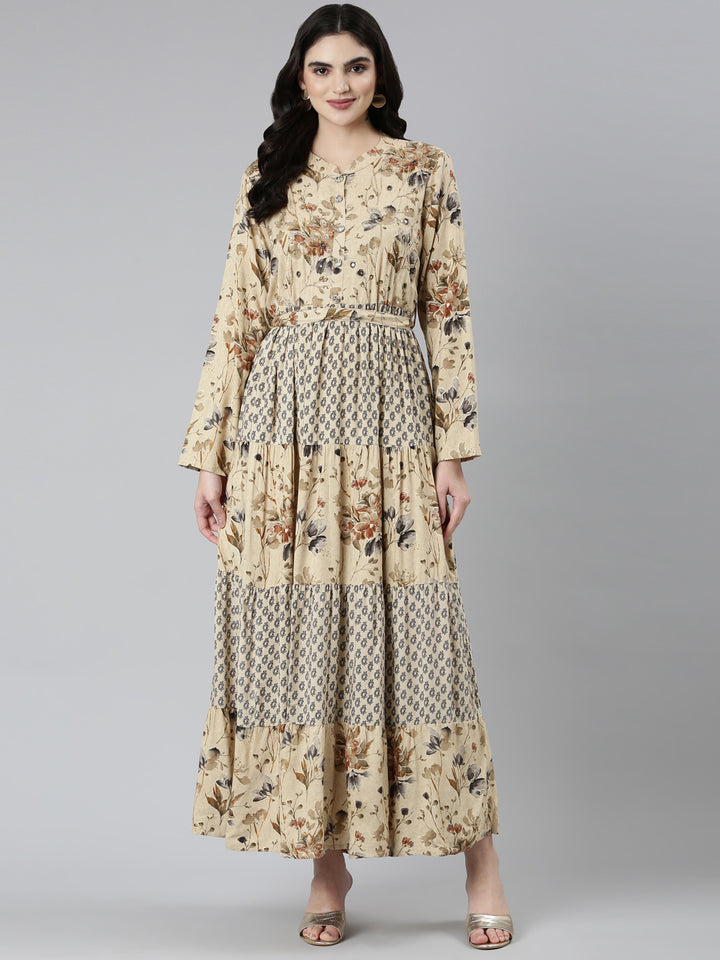 Neerus Beige Straight Casual Floral Dresses