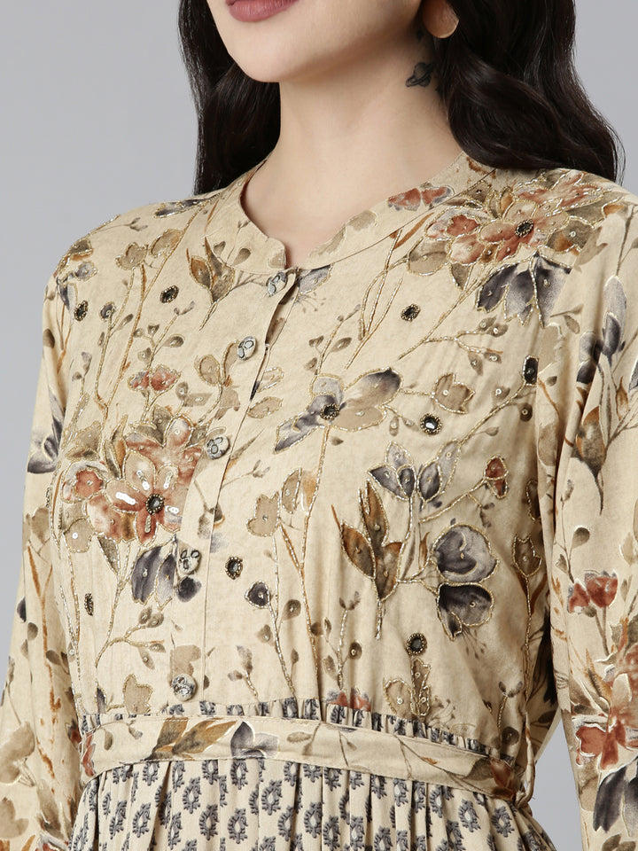 Neerus Beige Straight Casual Floral Dresses