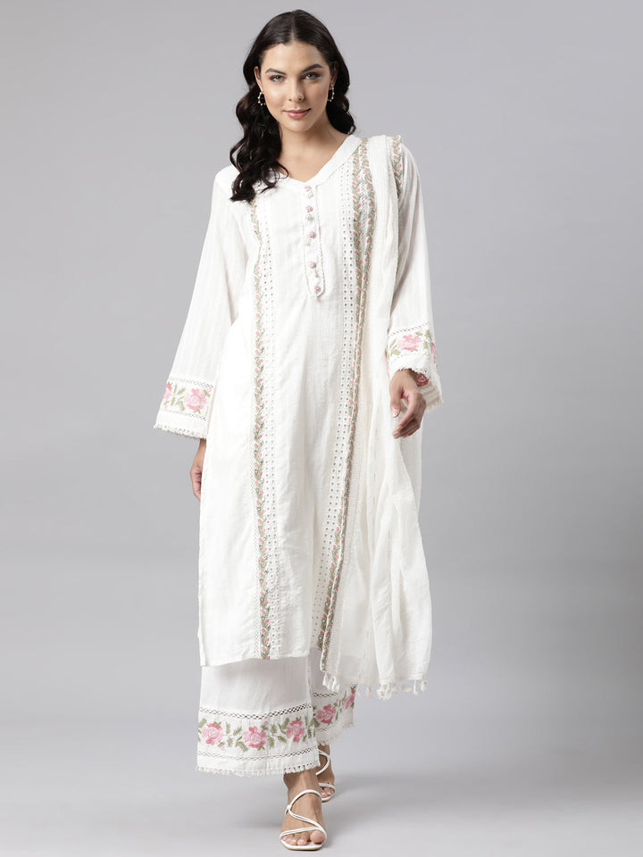 Neerus White Panelled Straight Yoke Design Kurta And Palazzos With Dupatta