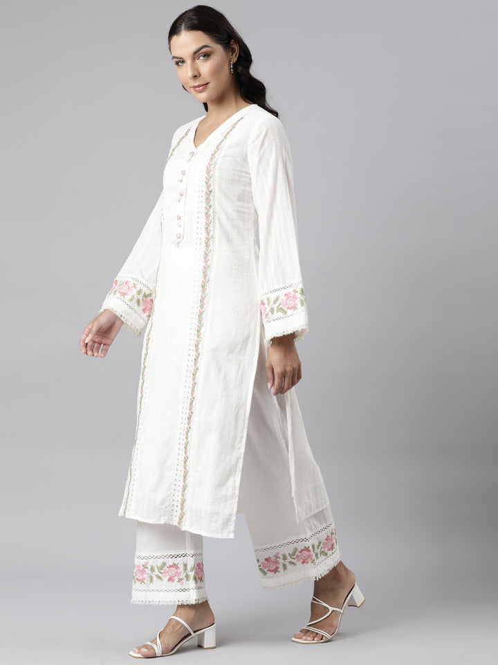 Neerus White Panelled Straight Yoke Design Kurta And Palazzos With Dupatta