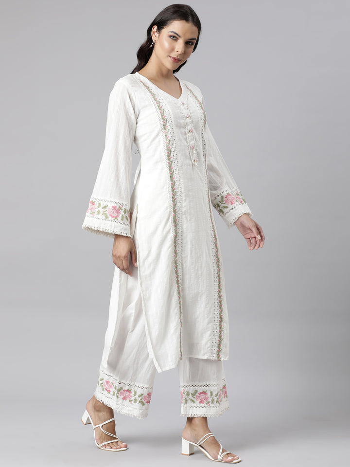 Neerus White Panelled Straight Yoke Design Kurta And Palazzos With Dupatta