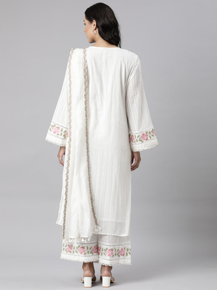 Neerus White Panelled Straight Yoke Design Kurta And Palazzos With Dupatta