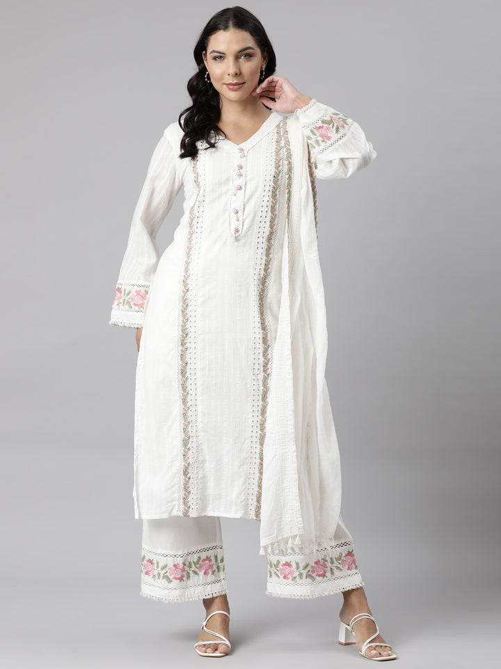 Neerus White Panelled Straight Yoke Design Kurta And Palazzos With Dupatta