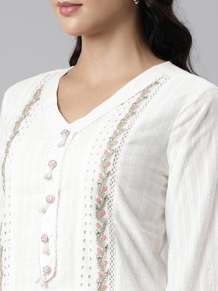 Neerus White Panelled Straight Yoke Design Kurta And Palazzos With Dupatta