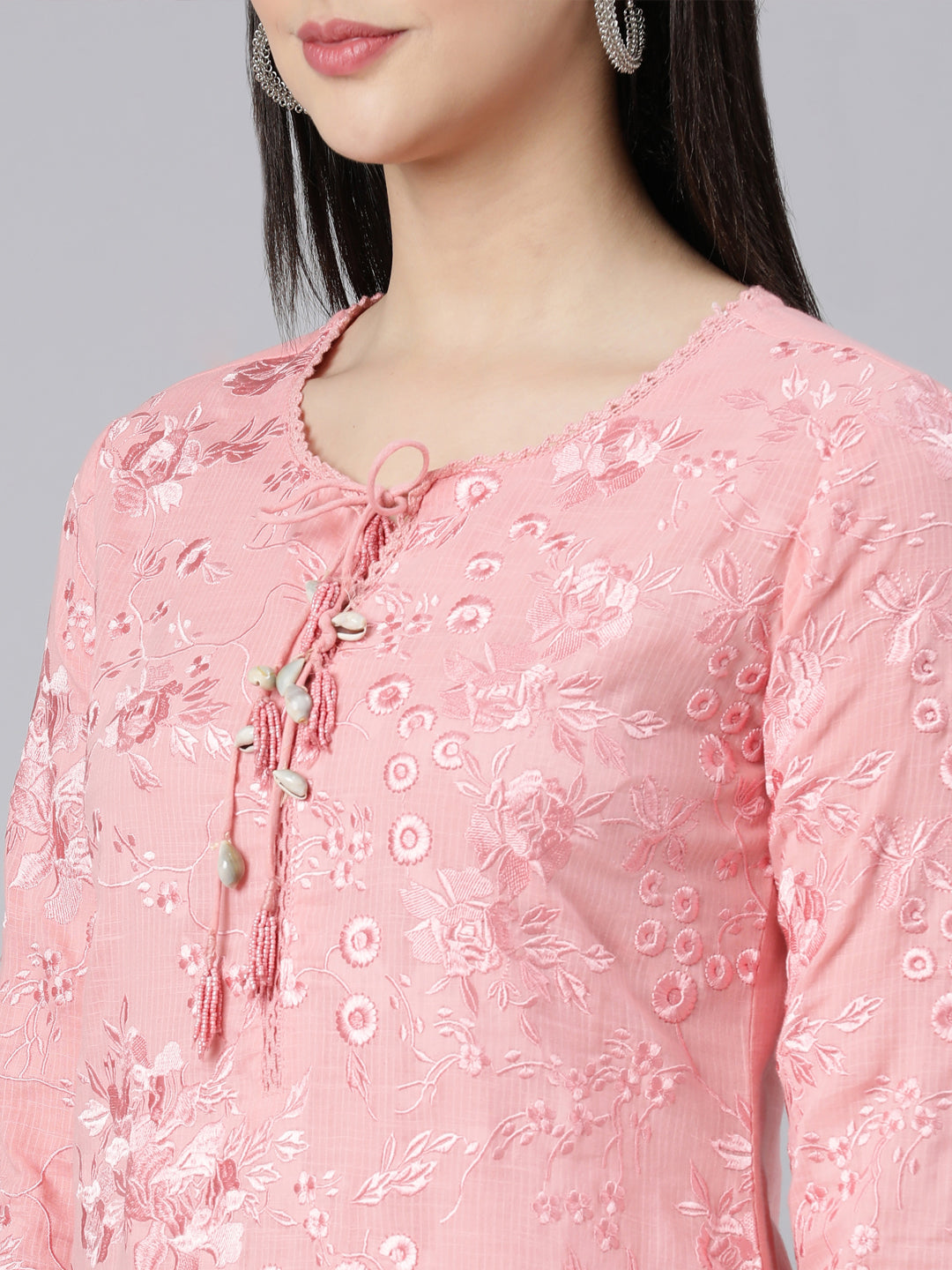 Neerus Pink panelled straight suit set kurta with trouser and dupatta - detail view 2