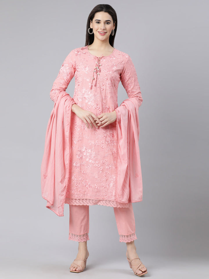 Neerus Pink panelled straight suit set kurta with trouser and dupatta - front view