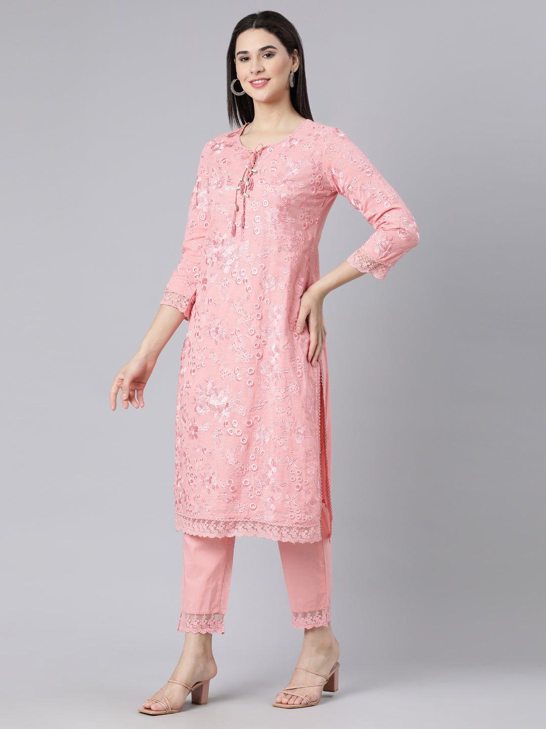 Neerus Pink panelled straight suit set kurta with trouser and dupatta - back view