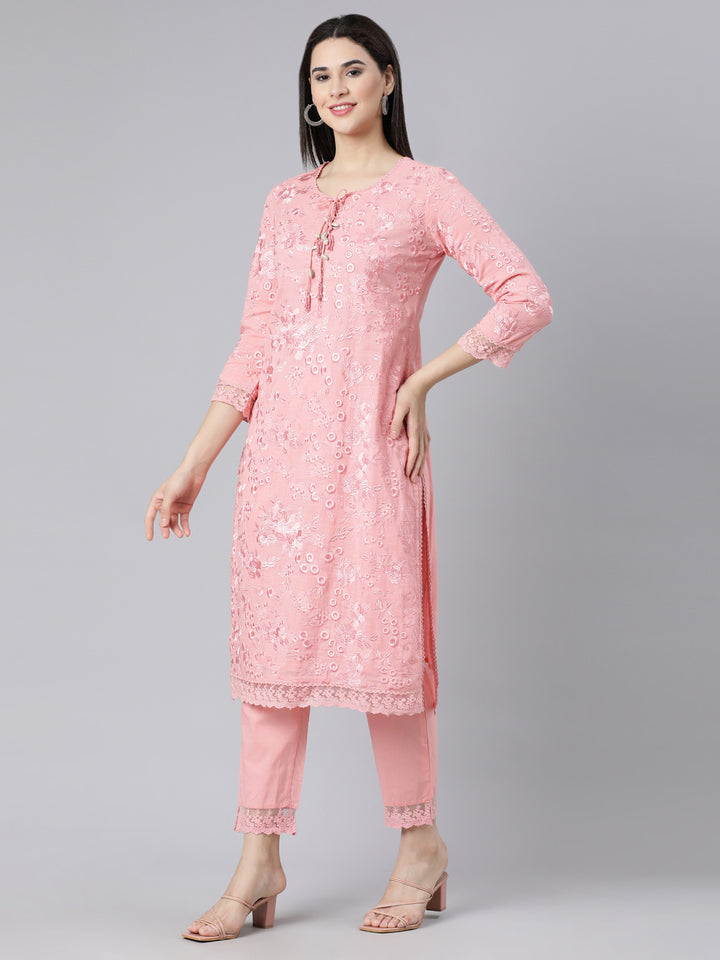 Neerus Pink panelled straight suit set kurta with trouser and dupatta - back view