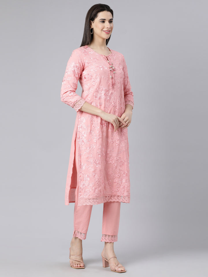Neerus Pink panelled straight suit set kurta with trouser and dupatta - side view