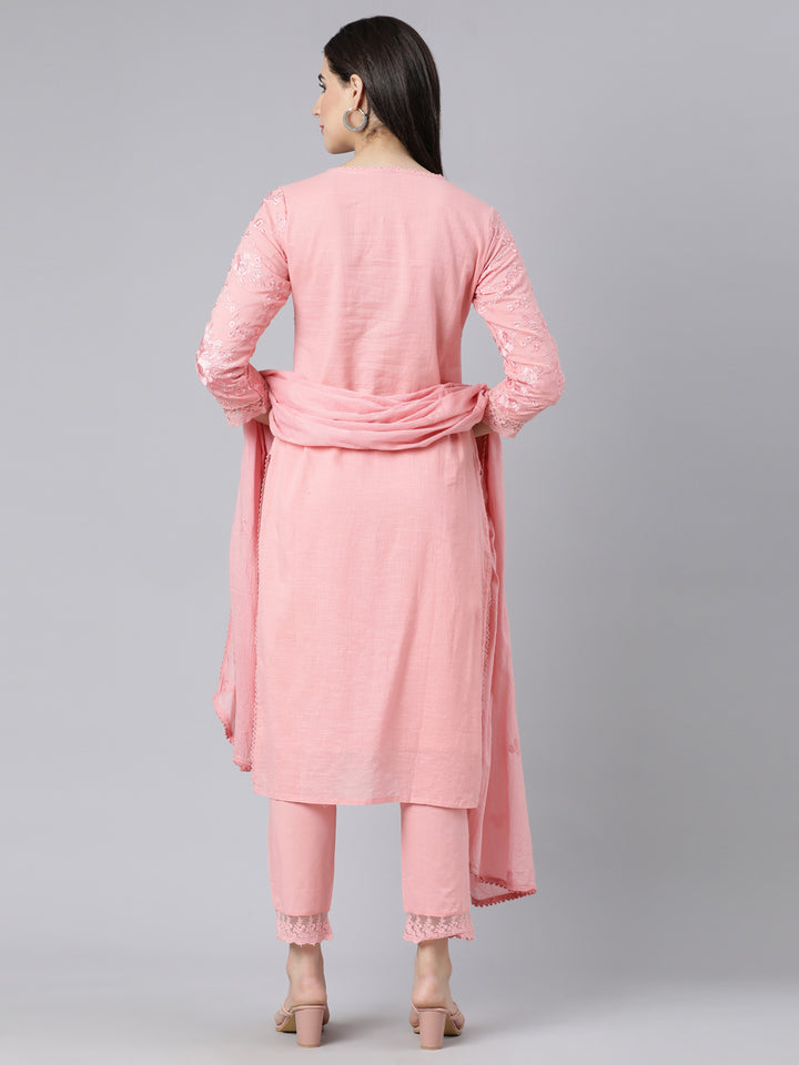 Neerus Pink panelled straight suit set kurta with trouser and dupatta - detail view 1