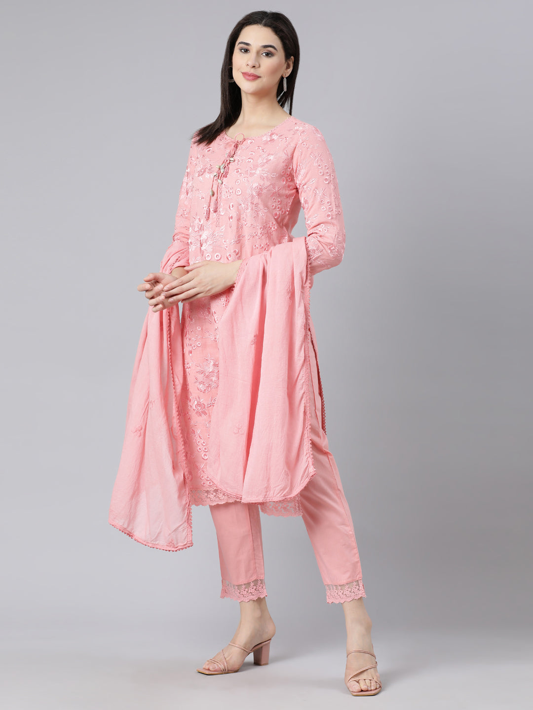 Neerus Pink panelled straight suit set kurta with trouser and dupatta - detail view 3