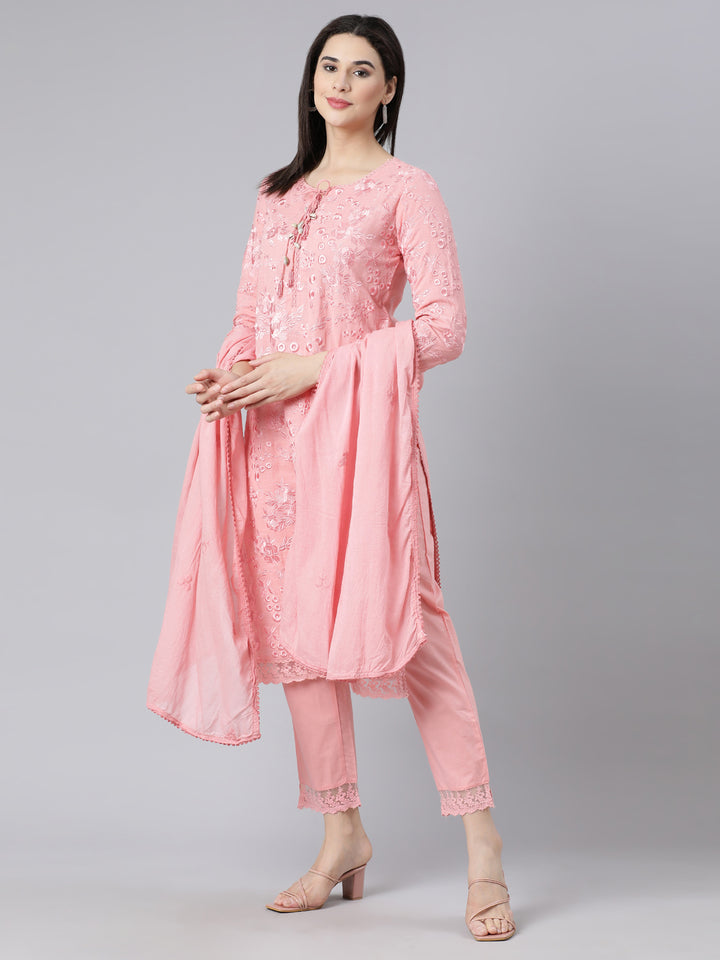 Neerus Pink panelled straight suit set kurta with trouser and dupatta - detail view 3