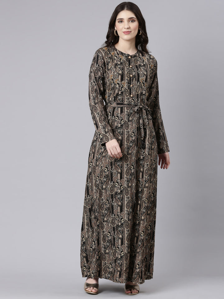 Neerus Black Straight Casual Printed Maxi Dresses