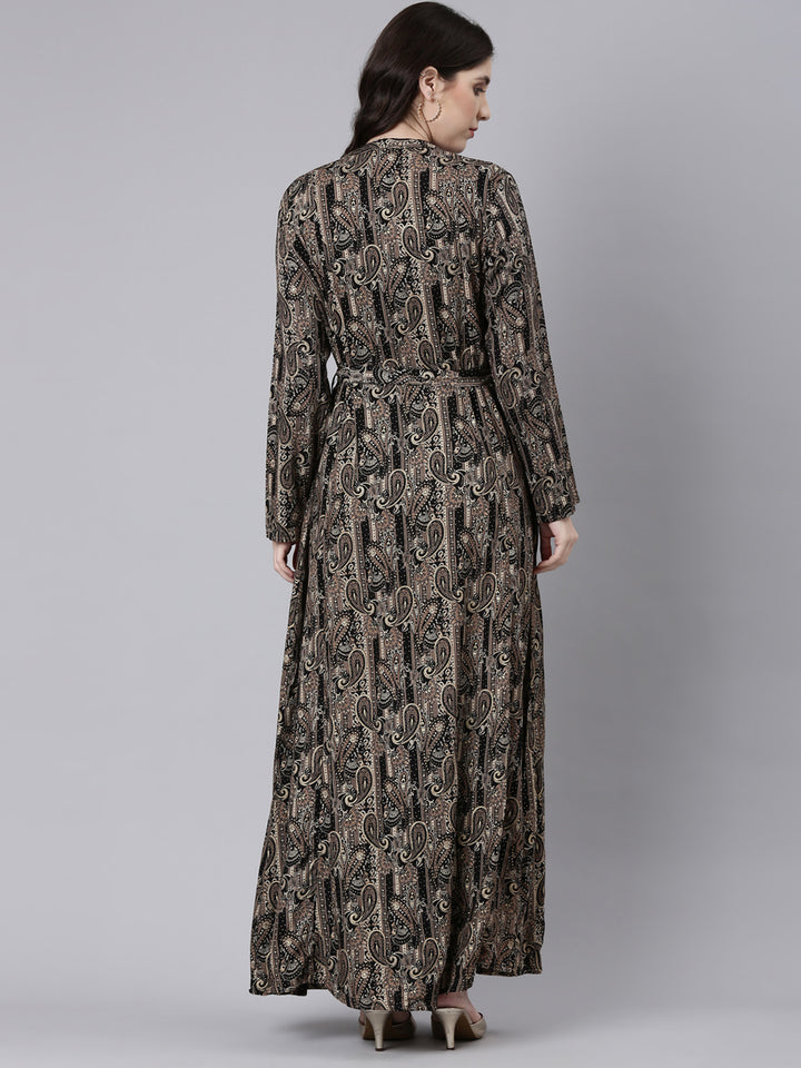 Neerus Black Straight Casual Printed Maxi Dresses