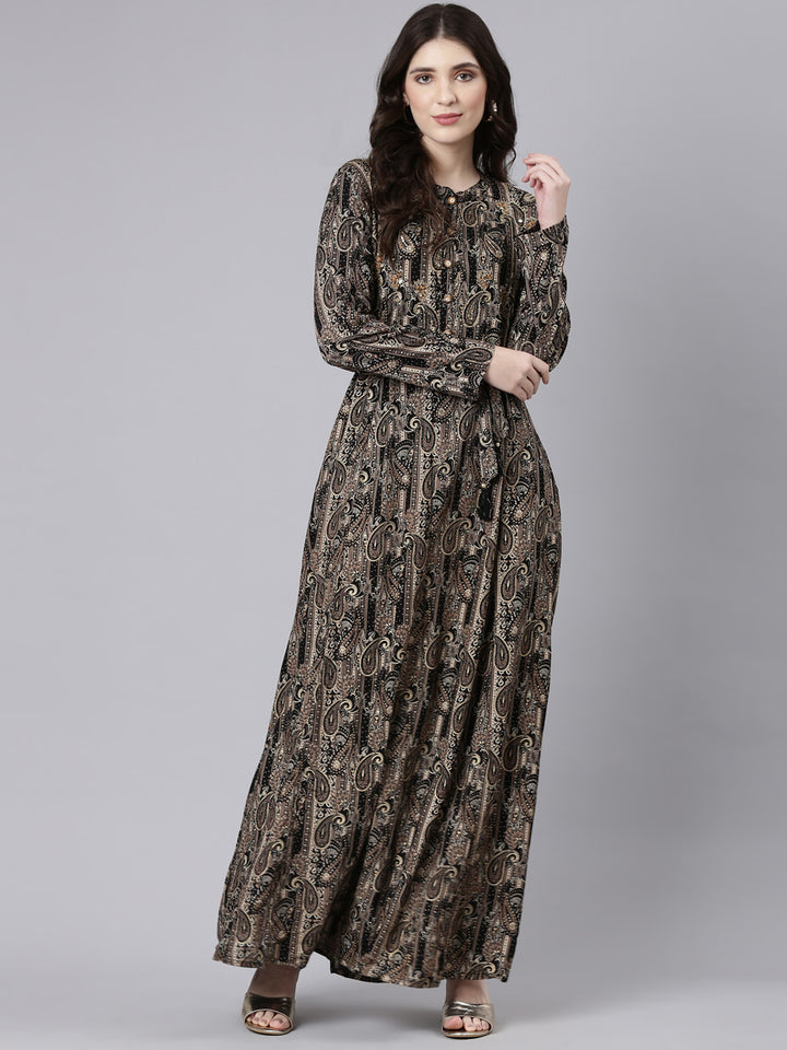 Neerus Black Straight Casual Printed Maxi Dresses