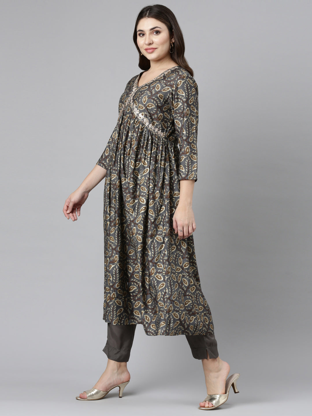 Neerus Grey printed straight kurta set with trouser and dupatta - back view