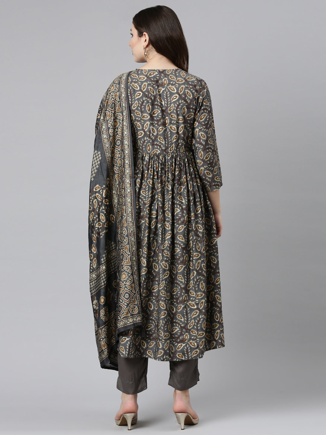 Neerus Grey printed straight kurta set with trouser and dupatta - side view