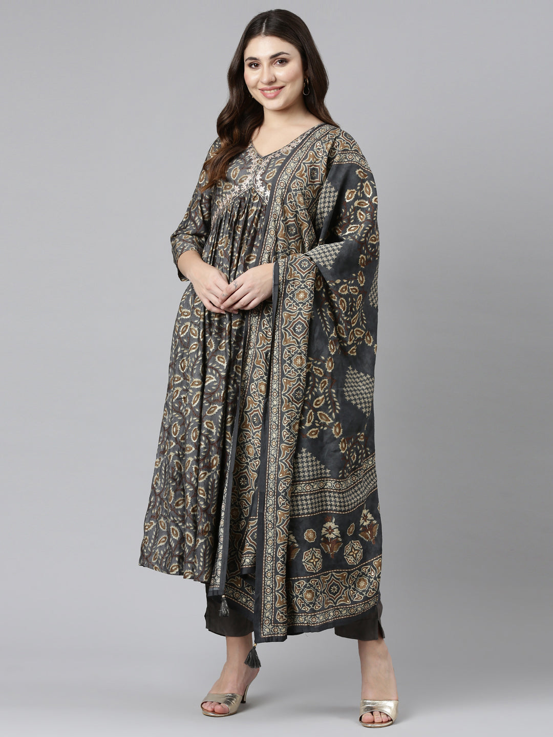 Neerus Grey printed straight kurta set with trouser and dupatta - detail view 2