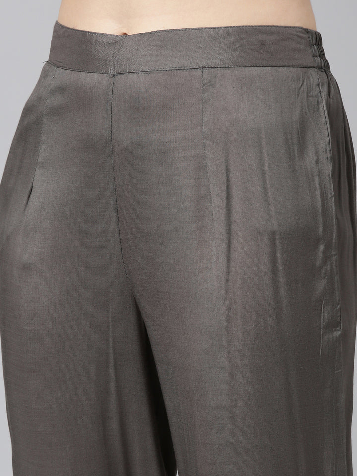 Neerus Grey printed straight kurta set with trouser and dupatta - detail view 3