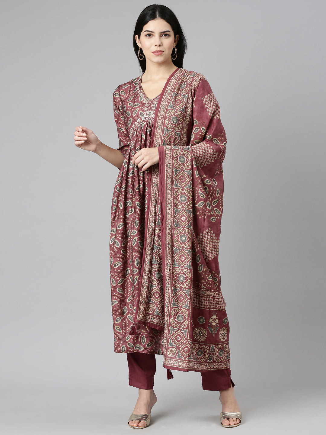 Neerus Pink printed straight kurta set with dupatta - front view