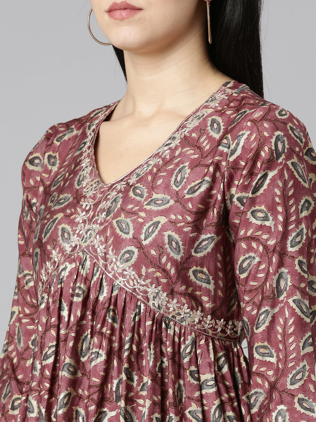 Neerus Pink printed straight kurta set with dupatta - detail view 1