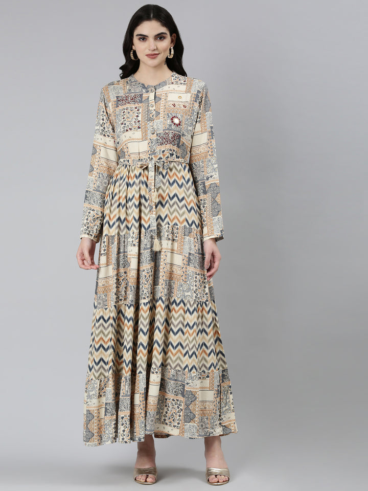 Neerus Cream Straight Casual Chevron Dresses