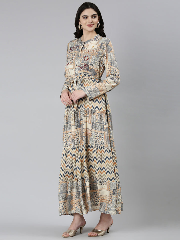 Neerus Cream Straight Casual Chevron Dresses