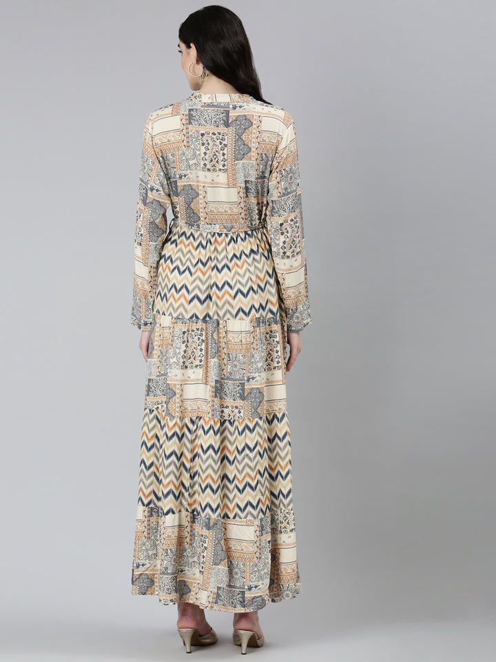 Neerus Cream Straight Casual Chevron Dresses