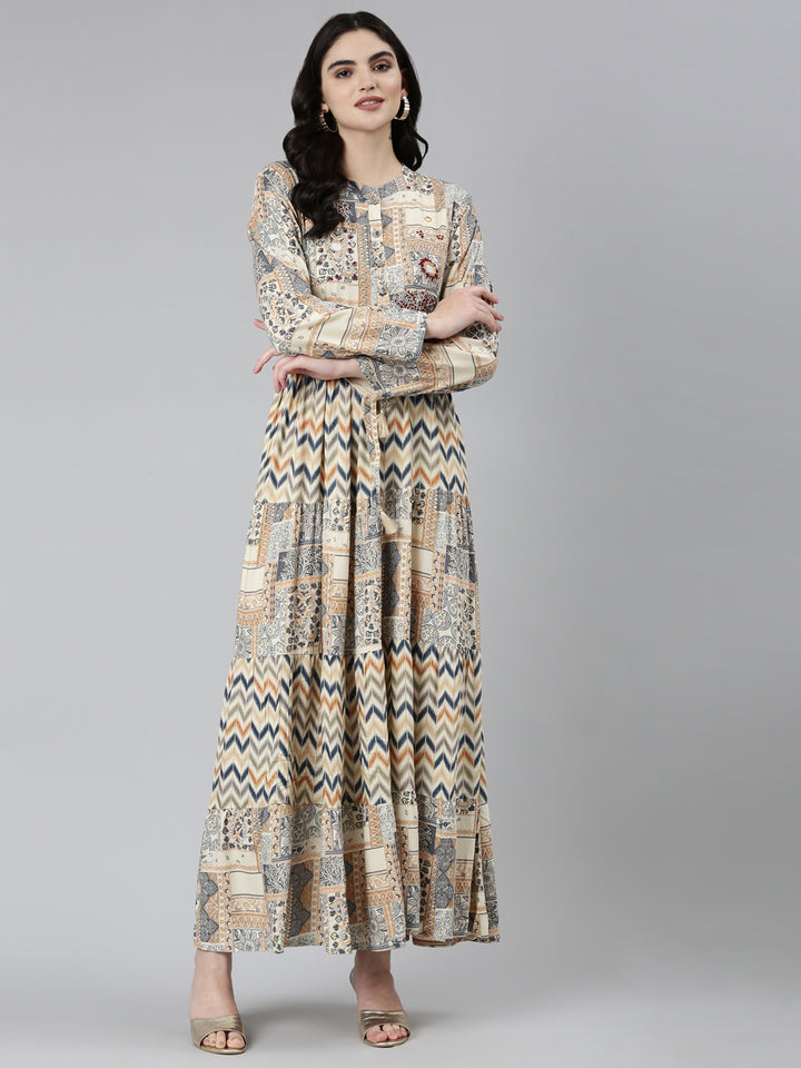 Neerus Cream Straight Casual Chevron Dresses