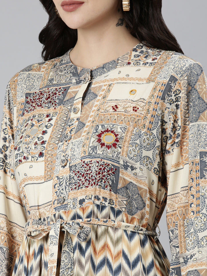 Neerus Cream Straight Casual Chevron Dresses