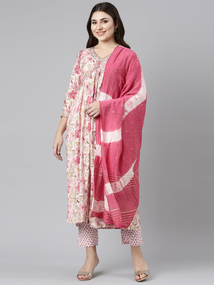 Neerus Pink printed straight kurta set with dupatta - front view