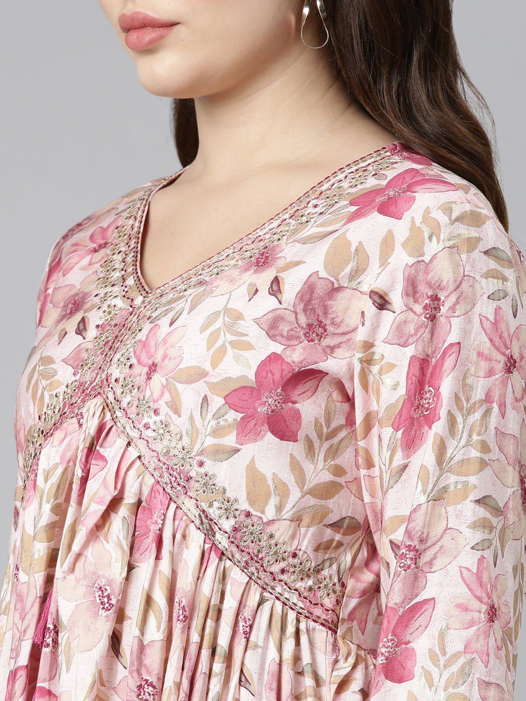 Neeru's Pink Pleated Straight Printed Kurta And Trousers With Dupatta