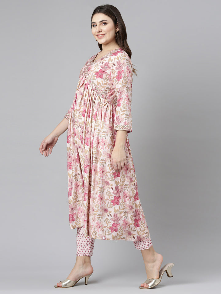 Neerus Pink printed straight kurta set with dupatta - back view