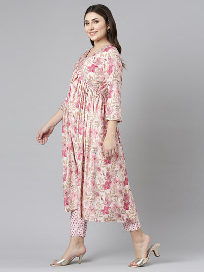Neeru's Pink Pleated Straight Printed Kurta And Trousers With Dupatta