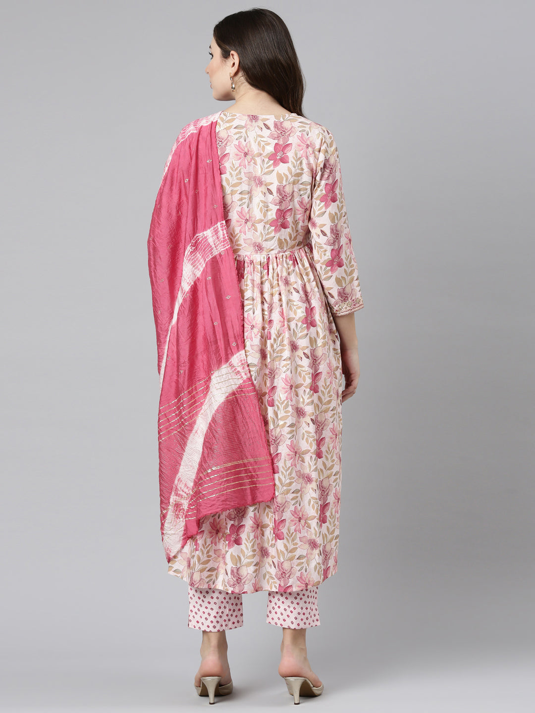 Neeru's Pink Pleated Straight Printed Kurta And Trousers With Dupatta