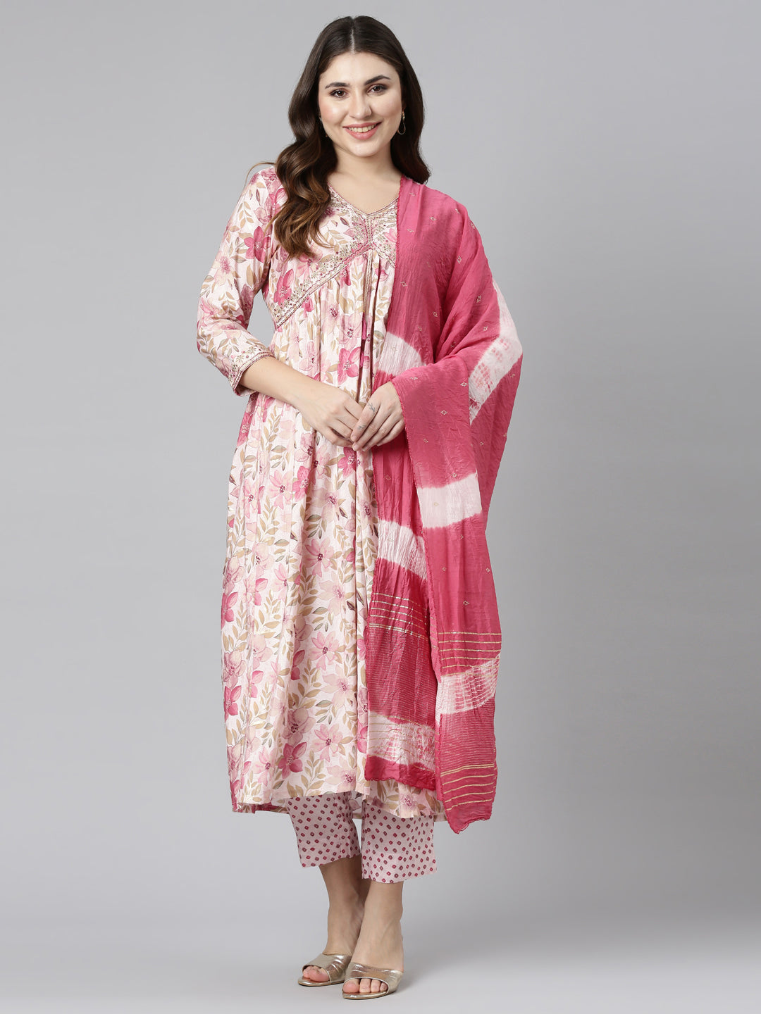 Neeru's Pink Pleated Straight Printed Kurta And Trousers With Dupatta