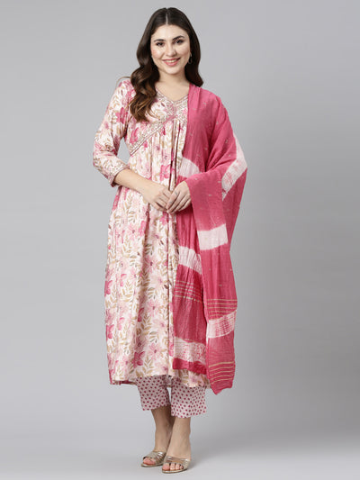 Neeru's Pink Pleated Straight Printed Kurta And Trousers With Dupatta