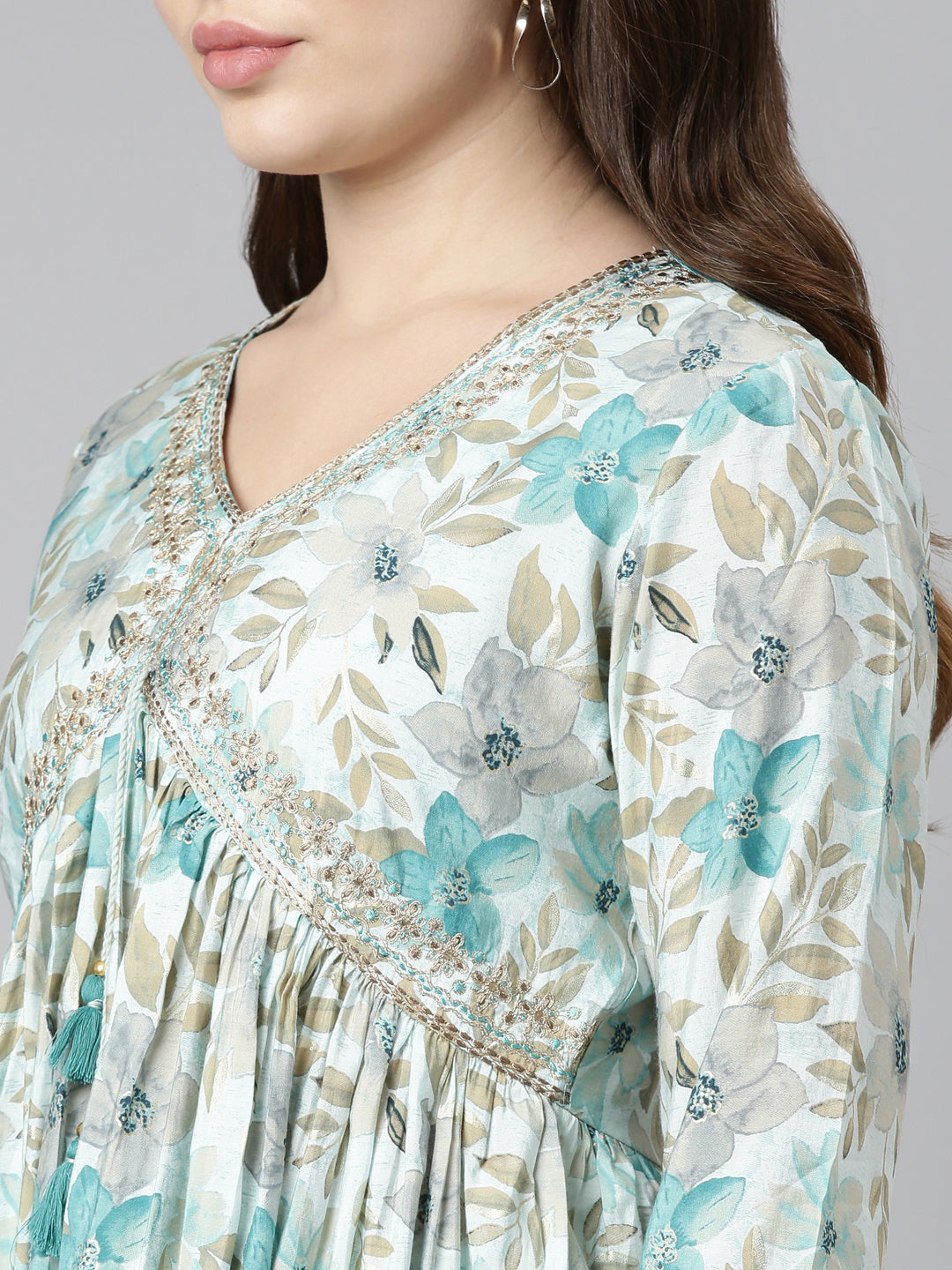 Neerus Blue printed straight kurta set with dupatta - detail view 1